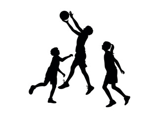 Silhouette of Children Playing Basketball, Dynamic silhouette of children playing basketball, showcasing various stages of the action. children, kids, boys, basketball, playing, sport, activity, jumpi