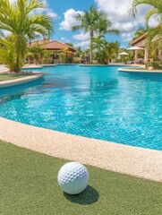 Golf ball resting on artificial green grass near a swimming pool with palm trees and blue sky summer vacation leisure beautiful sunny day tropical resort