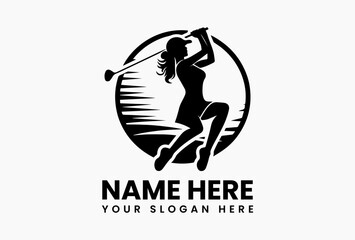 Athletic woman golfer mid-swing silhouette, bold vector logo for golf training academies and clubs  