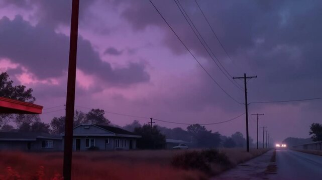 Faded neon motel sign flickering under violet summer evening sky moody abandoned roadside cinematic summer scene
