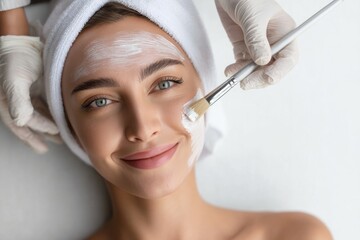 Woman receiving facial mask application in a spa, skincare treatment, beauty close-up photography