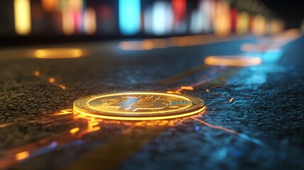 Glowing Bitcoin on Futuristic City Street at Night Cryptocurrency Digital Currency Concept