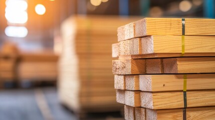 Stacked lumber in a warehouse during golden hour highlighting woodworking materials and construction supplies nearby