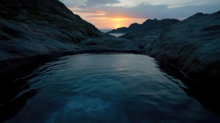 Rocky pool at sunset. Tranquil water reflecting twilight sky