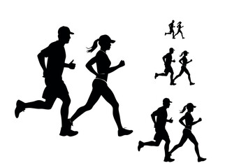 Running Silhouettes of Men and Women in Various Running Positions, fitness, sport, exercise, runners, marathon, triathlon, healthy lifestyle, running, vector black silhouettes of men and women running