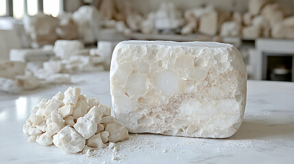 Raw alabaster stone block and smaller pieces, ready for carving or sculpting.  Close-up shot showcasing the unique texture and veining of the alabaster.