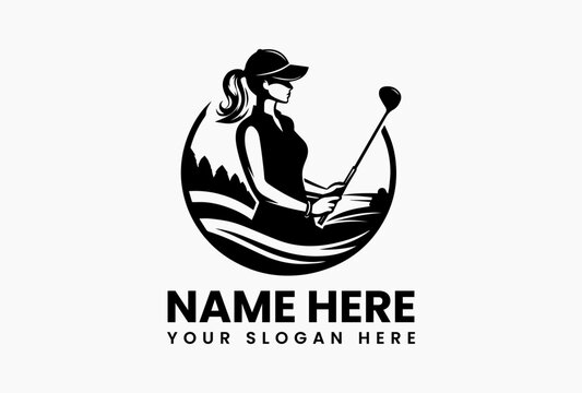 Abstract geometric woman golfer with angular club, modern logo for tech-driven training programs 