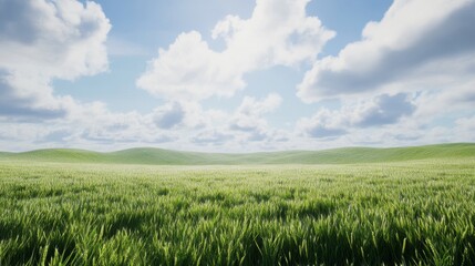 Fototapeta premium A big, green wheat field under a cloudy sky. It shows the beauty of the countryside. 