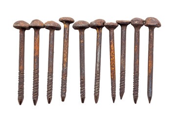 Rusty metal nails arranged in a row on a white background, showcasing their worn texture and details for construction or DIY projects. on transparent background