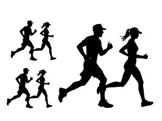 Running Silhouettes of Men and Women in Various Running Positions, fitness, sport, exercise, runners, marathon, triathlon, healthy lifestyle, running, vector black silhouettes of men and women running