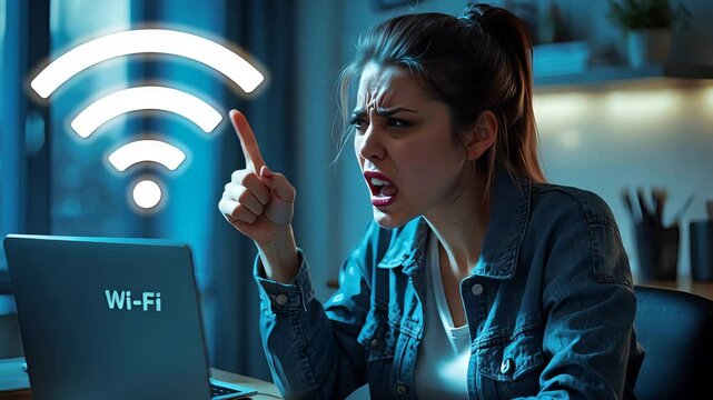 Frustrated Woman Pointing at Weak Wi-Fi Signal on Laptop
