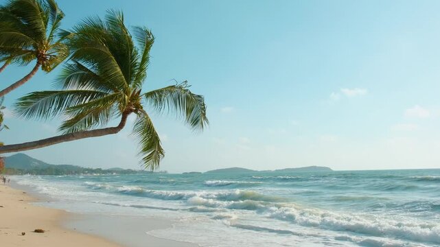Tropical beach with golden sand, turquoise waving water and leaning palm trees under bright blue sky on sunny day. Chaweng sandy beach on Koh Samui island, Thailand. Summer vacation destination
