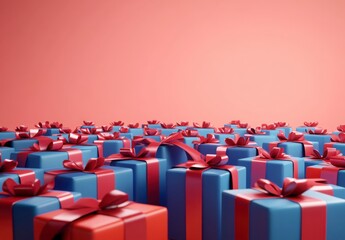 Obraz premium Many Red and Blue Gift Boxes with Ribbons on Coral Background