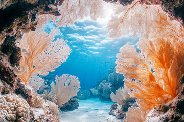 Stunning underwater view of orange fan corals and vibrant reef formations in clear blue ocean water, generative ai
