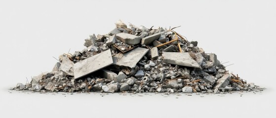 Concrete rubble pile on white background showcasing construction demolition debris and industrial waste for recycling and building material concept