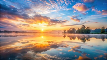 Surreal Pastel Sunrise Lake Mist, Calm Water, Dreamy Cloudscape, Soft Light, Peaceful Scenery, Fantasy Landscape