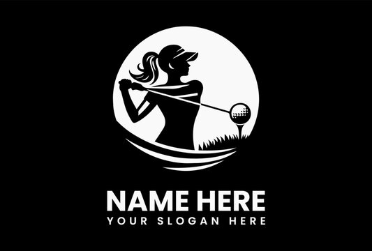 Abstract geometric woman golfer with angular club, modern logo for tech-driven training programs 