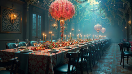 Enchanted dining experience in a mystical forest at twilight with elegant decor and natural beauty
