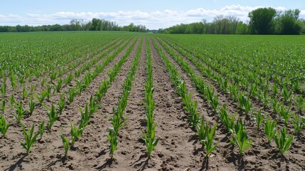 A field of green with new, small wheat plants growing in lines.
