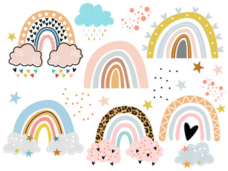 Boho rainbows abstract shapes set, silhouette of rainbow vector illustration, rainbows with clouds, abstract hand drawn collection. glyph nature weather elements for poster, print, card or books.