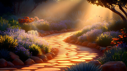 Naklejka premium Serene garden path at sunrise, sunbeams illuminating a stone walkway bordered by vibrant flowers and lush greenery. A tranquil and idyllic scene.