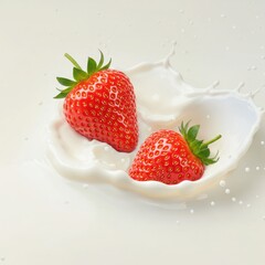 Two strawberries falling into milk with splash isolated on white background