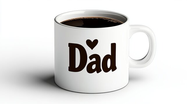 White ceramic mug filled with black coffee, featuring the word 'Dad' with a heart symbol on a plain background
