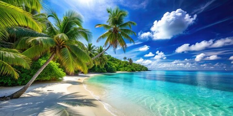 Surreal Tropical Beach Paradise: Idyllic Getaway, Clear Water, Palm Trees, Blue Sky