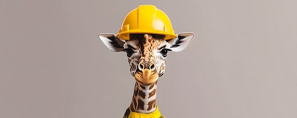 Giraffe wearing yellow construction hardhat and safety vest