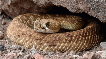 Obraz premium Rattlesnake Coiled in Rock Crevice