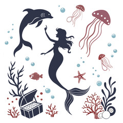 "Whimsical Mermaid Silhouette Vector Collection with Magical Sea Creatures and Ocean Fantasy Elements"