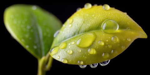 Close-up of fresh green leaves with water droplets on a black background highlighting natural freshness and vibrant plant life