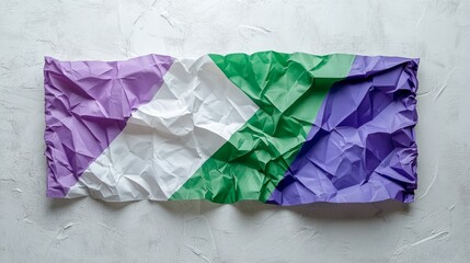 Crumpled paper with a genderqueer flag design featuring purple, white, green, and blue horizontal stripes on a textured white background