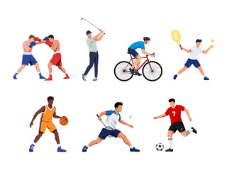 Diverse athletes in action: boxing, golf swing, cycling, tennis serve, basketball dribble, badminton smash, and soccer kick. Dynamic vector illustration showcasing various sports.
