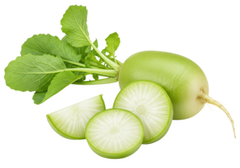 Fresh green radish with leaves and sliced pieces isolated on white background