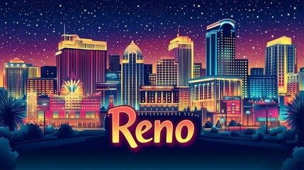 City of Reno, Nevada night time skyline postcard style vector illustration	