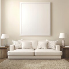 Minimalist Living Room with Light Beige Couch and Large Empty Frame