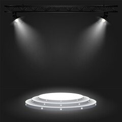 Stage for a speech, presentation or award ceremony. Round white podium with spotlights and light haze. Two spotlights on a truss structure with bright soft light. EPS10 vector illustration.