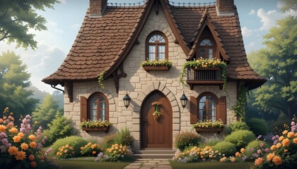 Fototapeta premium Make an incredibly detailed drawing of a quaint cottage from a fairy tale. The home has light, warm-toned stone walls and a steep, dark brown shingle roof. The window frames, balcony doors, and arch