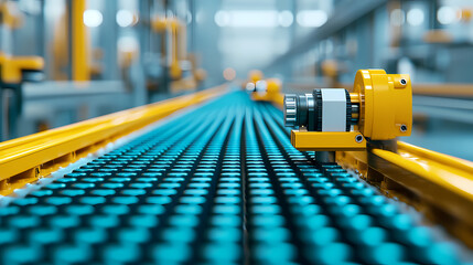 Obraz premium A modern automated conveyor belt in a factory, transporting blue containers, showcasing advanced industrial manufacturing technology.
