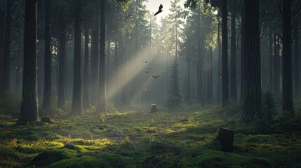 Fototapeta premium Mystical Sunbeams in an Enchanting Forest