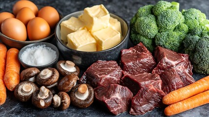 Obraz premium Food prep showing fresh ingredients eggs, butter, broccoli, meat, salt, carrots, and mushrooms