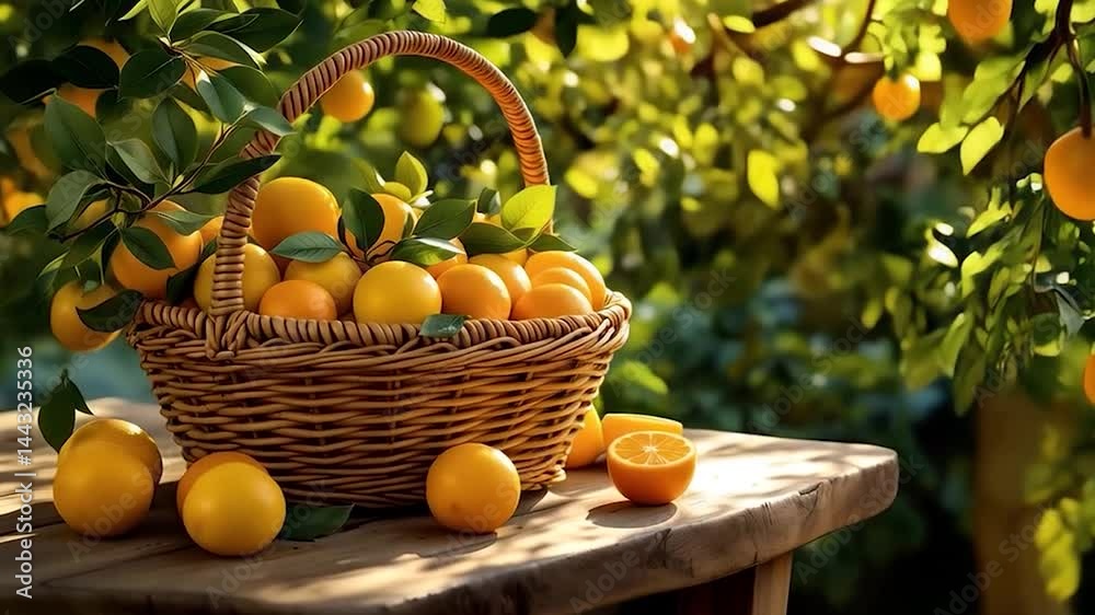 Poster a rustic wooden table hosts a woven basket overflowing with vibrant oranges, illuminated by soft, da