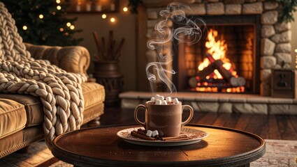 Cozy winter scene. A steaming mug of hot cocoa with marshmallows sits on a coffee table in front of a warm fireplace. A chunky knit throw adds to the ambiance.
