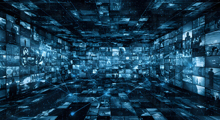 Immersive Blue Tiled Room Displaying Countless Video Screens with Pixels and Intricate Connections in a Modern Technological Setting