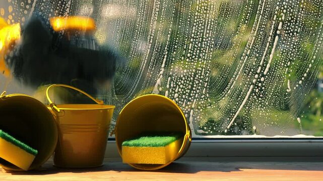 Spring cleaning washing windows with soapy suds