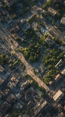 Fototapeta premium Aerial view of an urban landscape showcasing green parks amidst city buildings and roads.