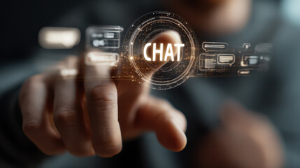 A chat with AI or Artificial Intelligence technology. Man touching chatting virtual with an intelligent artificial intelligence asks for answers he wants. Smart assistant futuristic, Chatbot