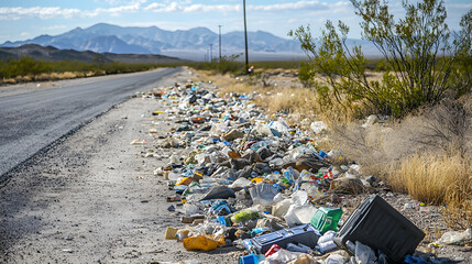 Roadside Waste: A stark depiction of roadside litter, highlighting the pervasive environmental impact of pollution along a deserted road with mountains in the background.