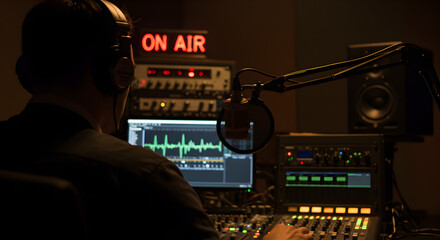 Man in Dark Radio Studio Adjusting Audio Mixer with On Air Sign Glowing Red Over Electronics Displaying Waveform